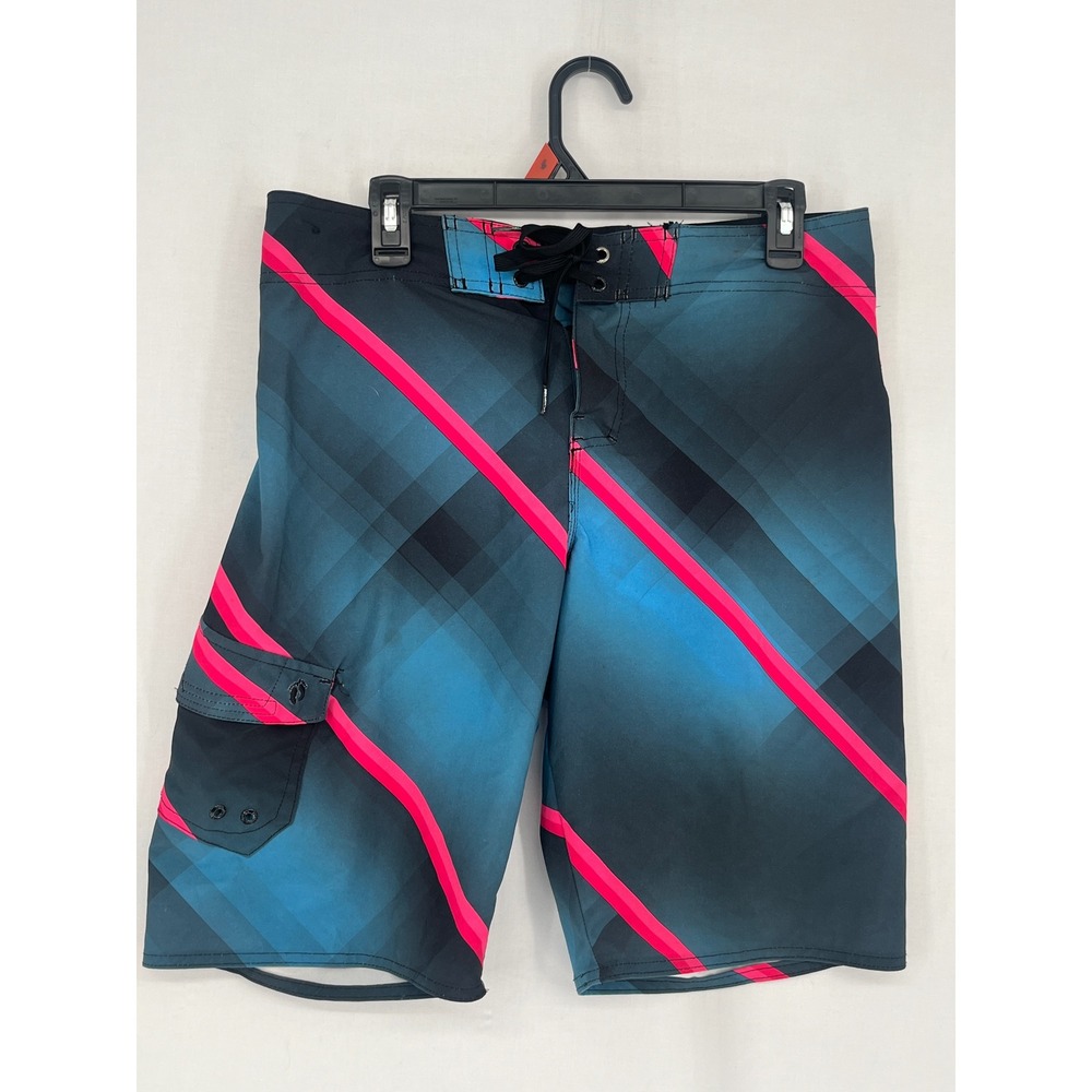 Hang Ten Board Shorts Mens 30 Geometric Plaid Neon Pink Teal Blue Swim Trunks